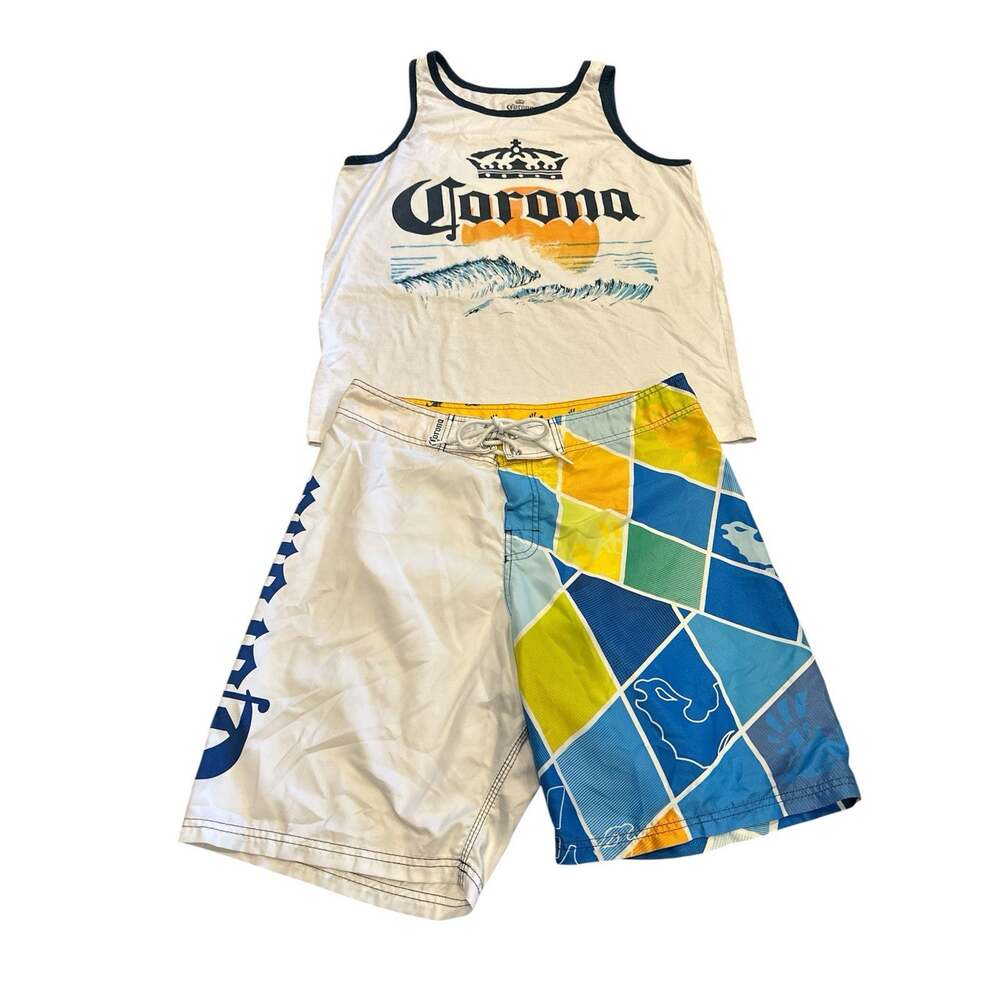 Vintage 80s Retro Corona Beer Beach Sun Tank Top Large & Swim Trunks Men’s Beach - Picture 2 of 4